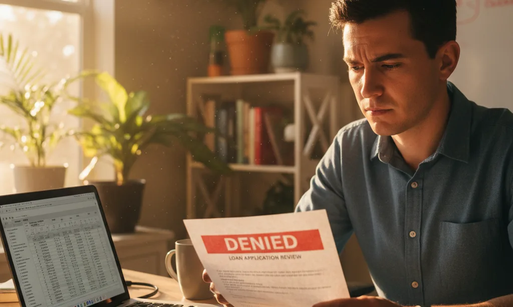 Frustrated person reviewing Florida loan denial documents.