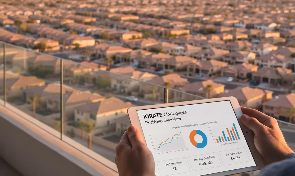 Investor viewing iQRATE Mortgages dashboard over Nevada suburbs.