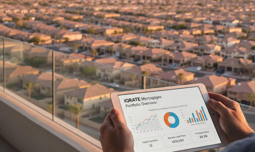 Investor viewing iQRATE Mortgages dashboard over Nevada suburbs.