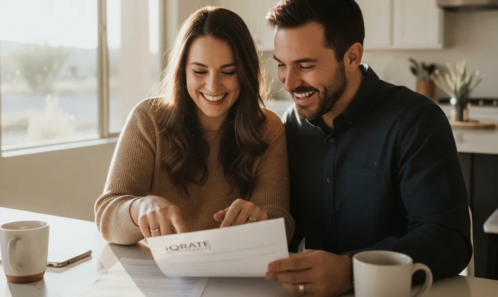 Couple smiling while reviewing iQRATE Mortgages documents.