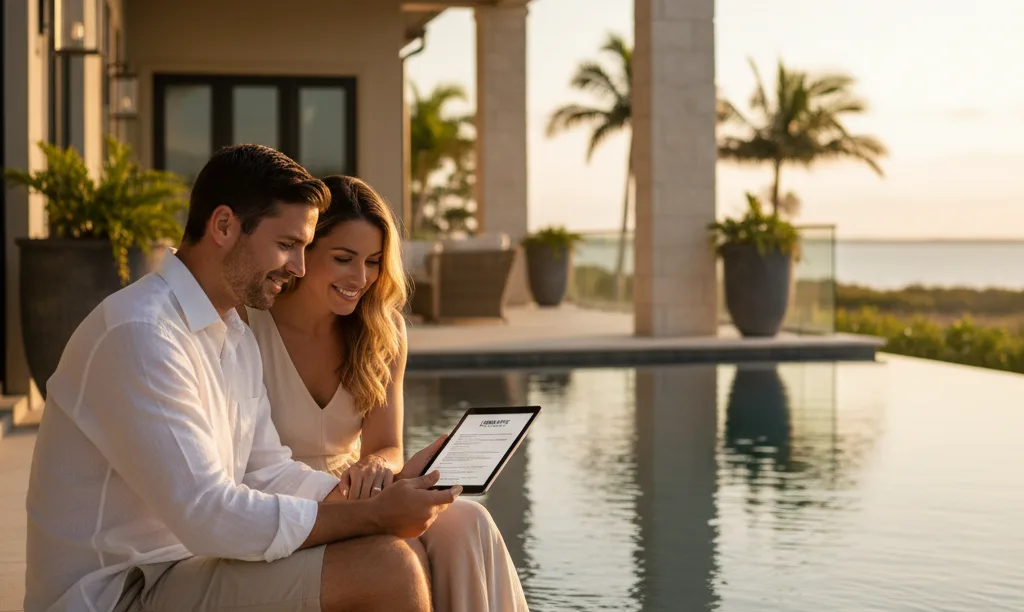 Couple reviews iQRATE Mortgages loan at luxury home.