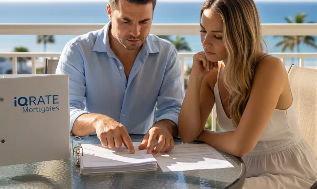 Couple reviewing financial documents on a Florida balcony.