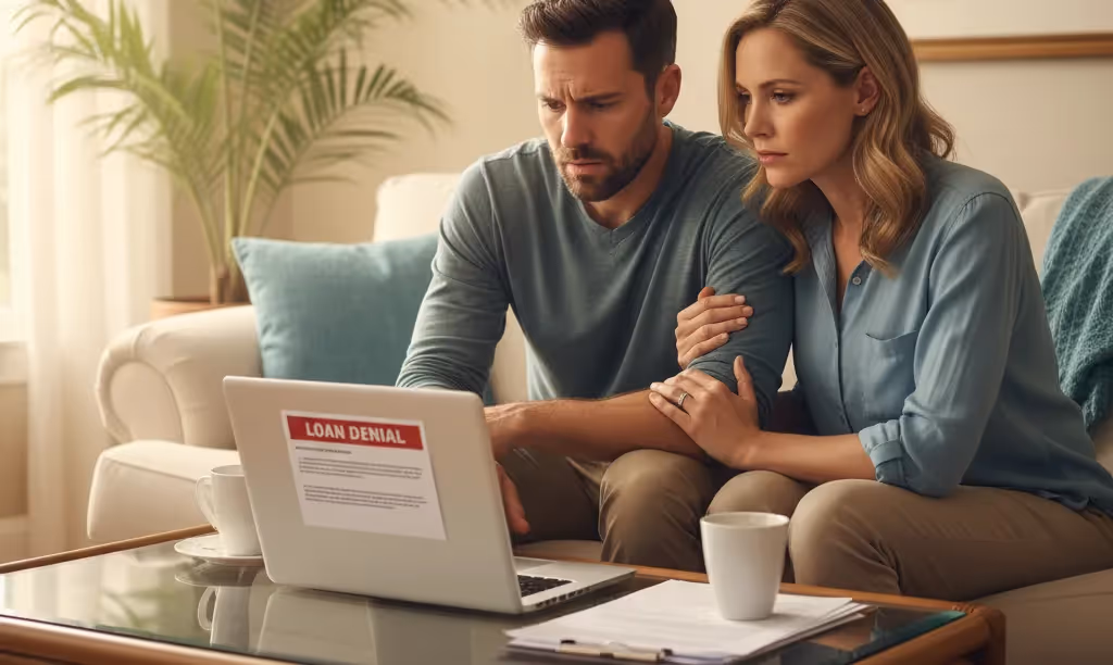Concerned couple researches condo loan options online.
