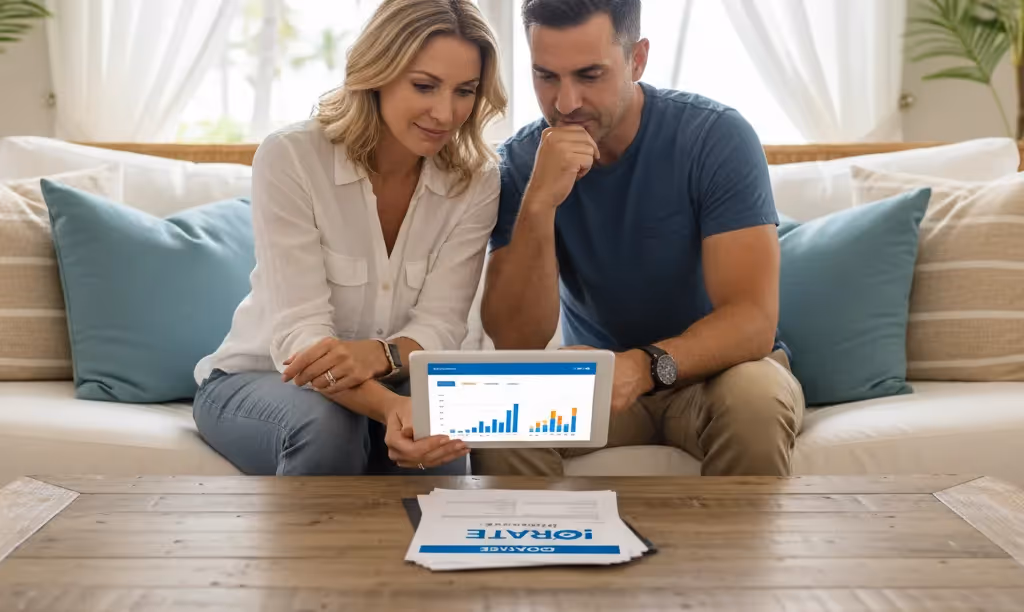 Couple considering mortgage options with iQRATE Mortgages.