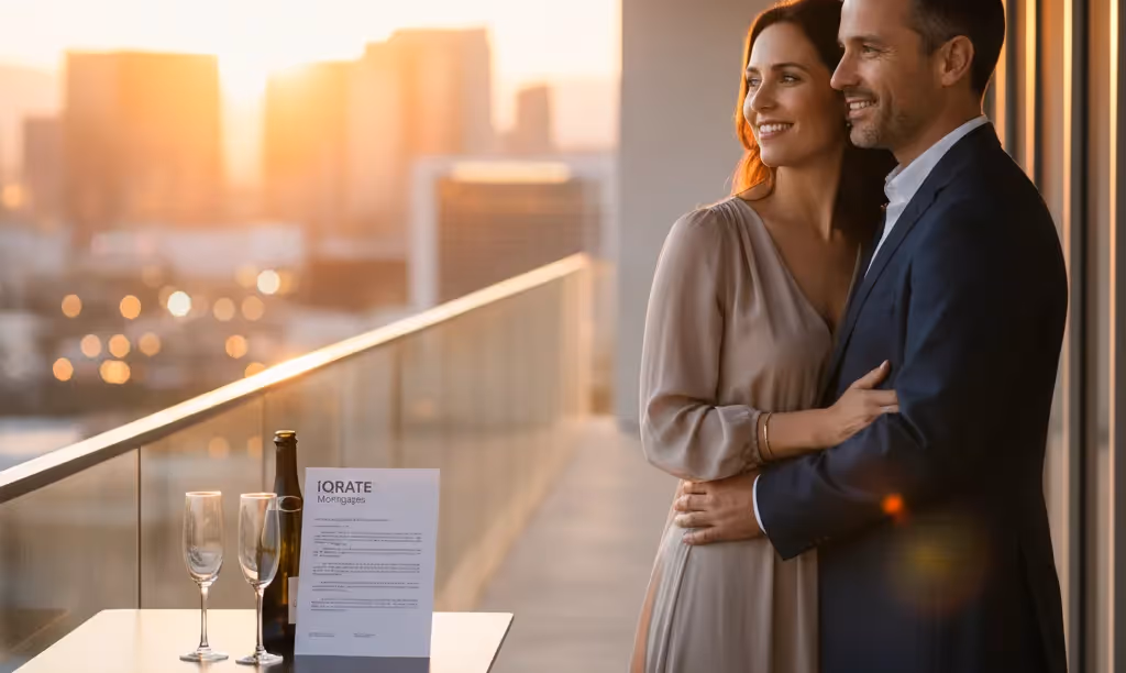 Couple on a Las Vegas balcony at sunset.