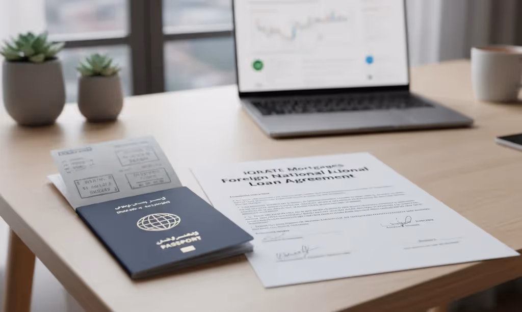A desk with a passport and iQRATE Mortgages documents.