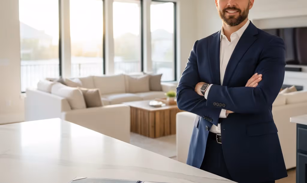 Investor reviews iQRATE Mortgages guide in renovated kitchen.