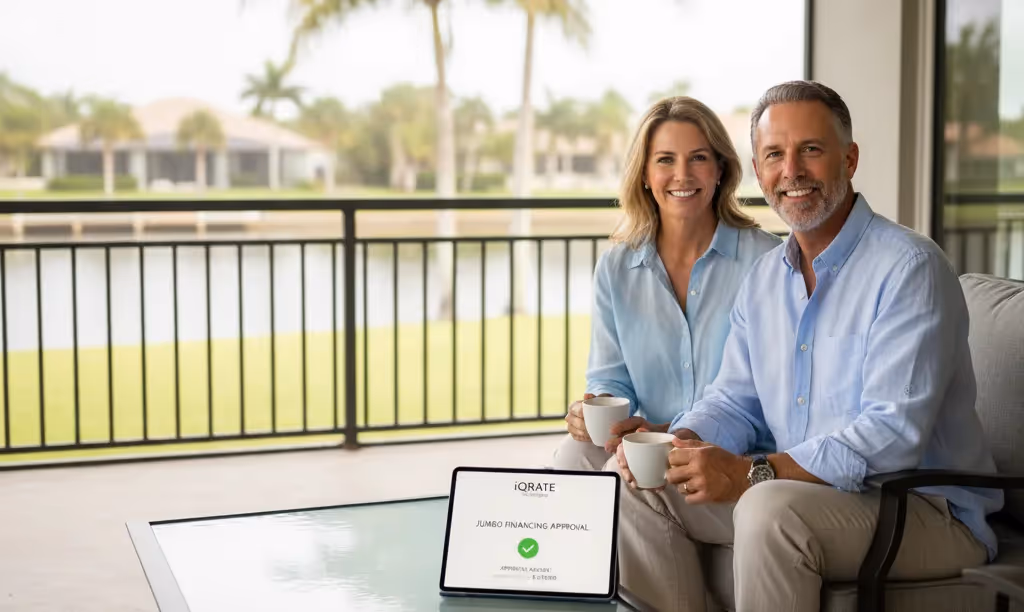 Couple on Florida lanai with iQRATE Mortgages tablet.