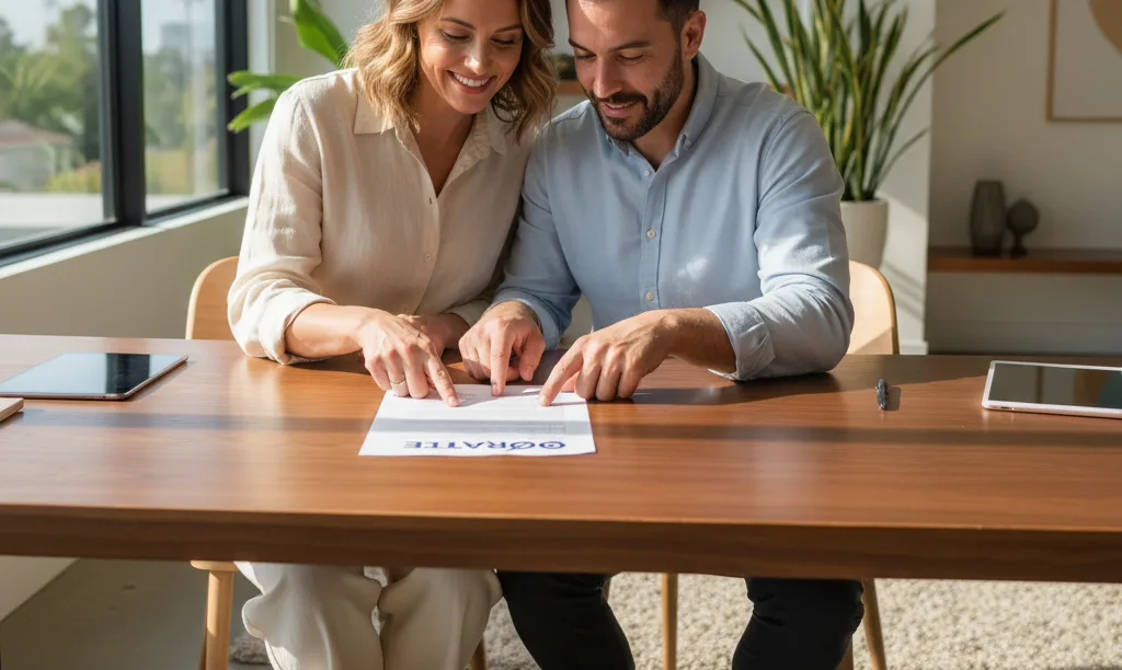 Couple confidently reviewing iQRATE Mortgages documents at home.