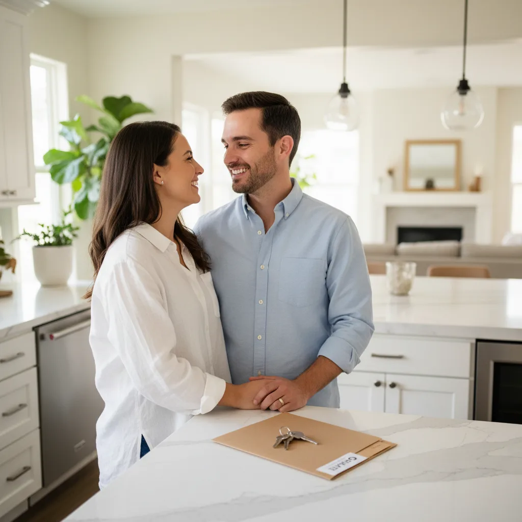 Couple reviewing financial documents for a mortgage.