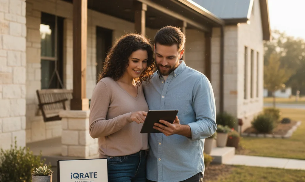 Couple discusses mortgage options on a Texas duplex porch.