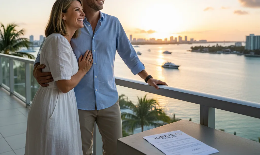 Couple on a Florida balcony with iQRATE Mortgages document.