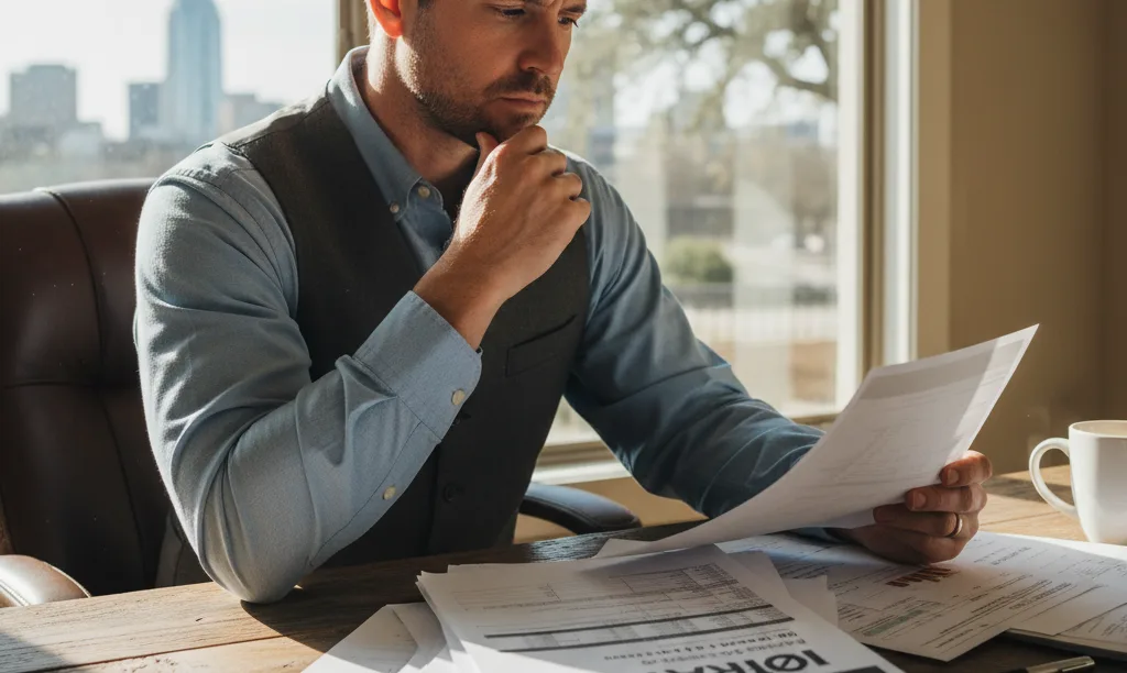 Texas business owner reviewing mortgage documents thoughtfully.
