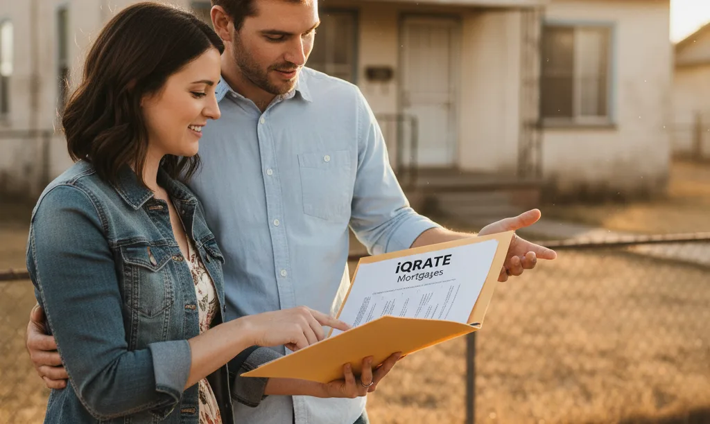 Couple planning their fixer-upper purchase with documents.