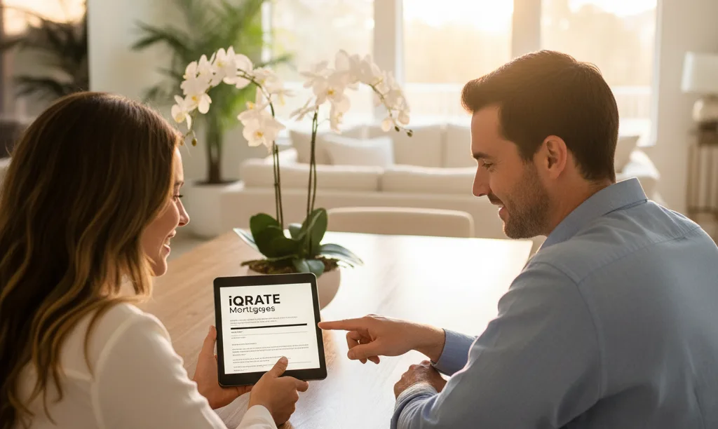 Couple in Florida home reviewing iQRATE Mortgages estimate.