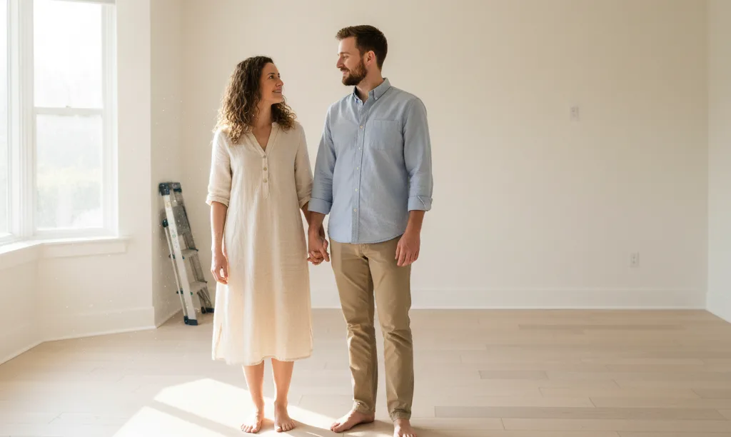 A hopeful couple smiling in their new home.
