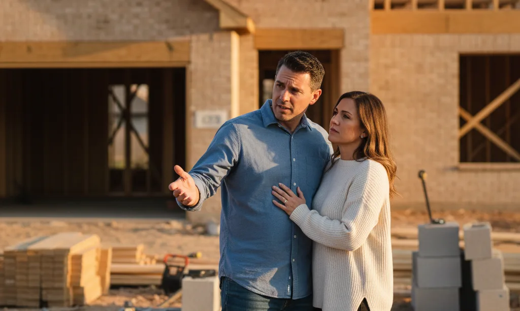 Couple views their delayed new construction home.