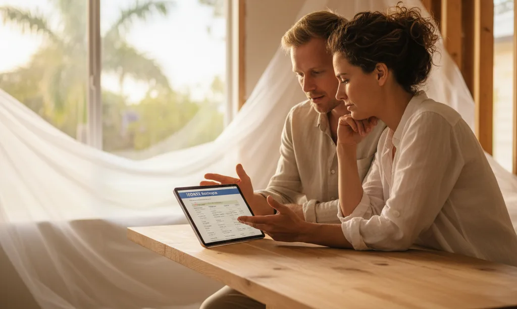 Couple reviewing iQRATE Mortgages guide in a Florida home.