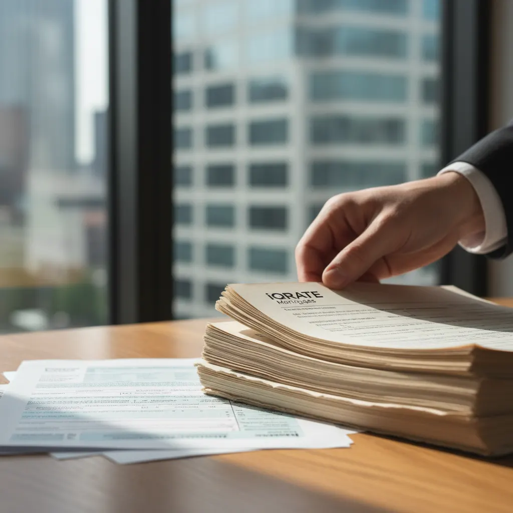 Business owner reviewing financial documents and tax forms at a desk.