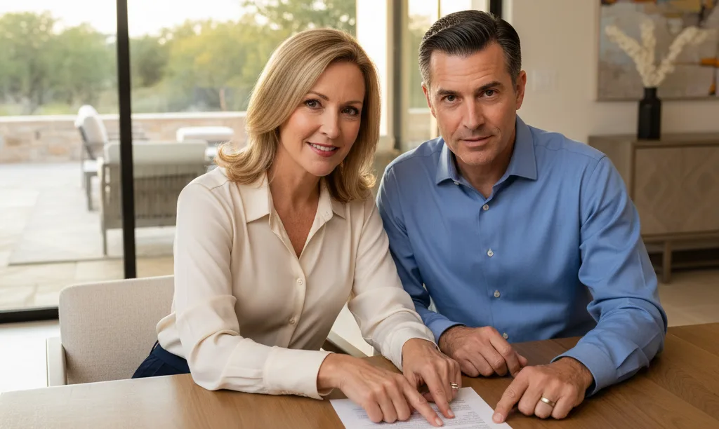 Couple reviewing iQRATE Mortgages documents in Texas home.