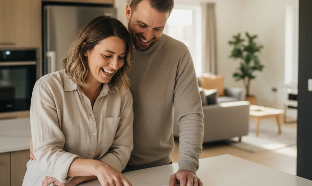 Happy couple reviews iQRATE Mortgages approval in new home.