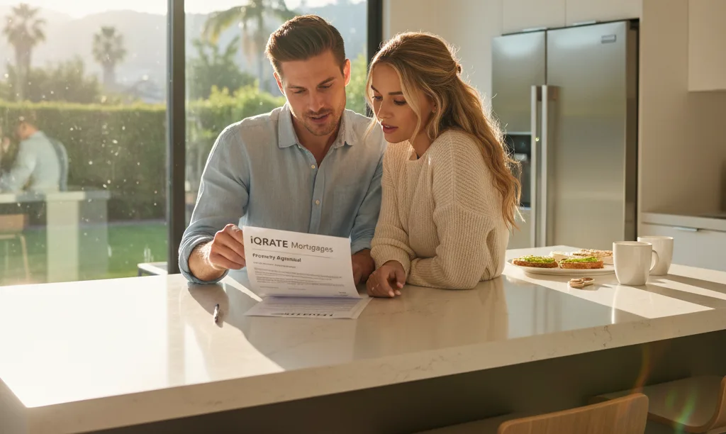 Couple reviewing iQRATE Mortgages appraisal in kitchen.