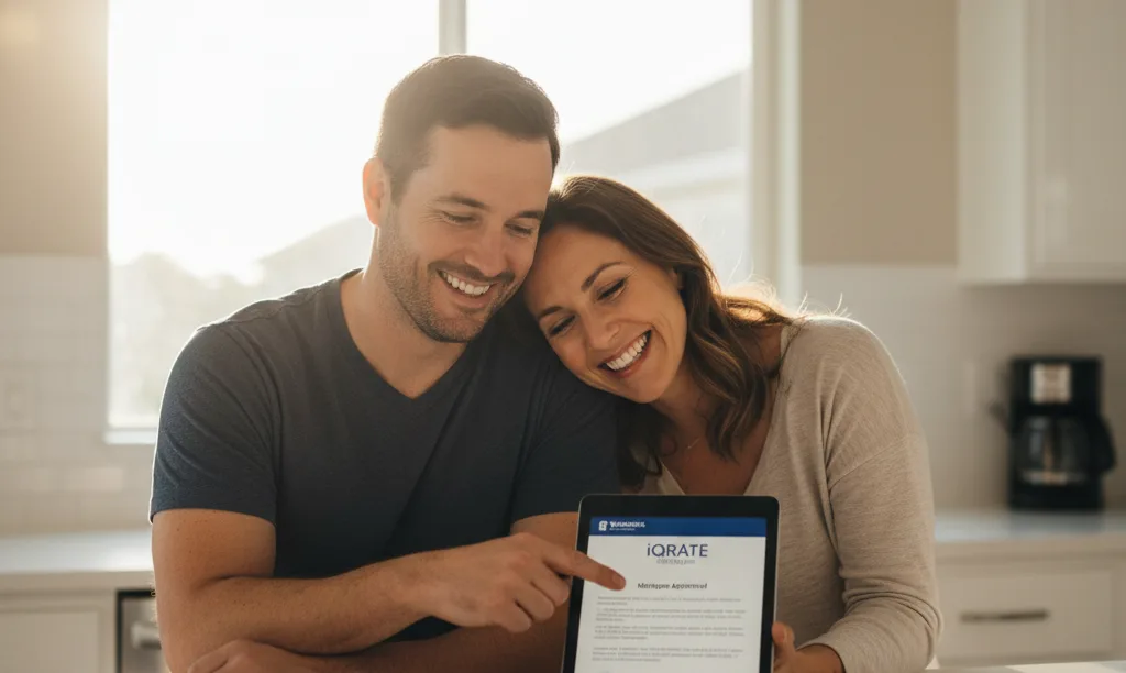 A happy couple reviews their mortgage approval.