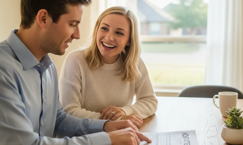 Couple confidently reviewing iQRATE Mortgages loan options.