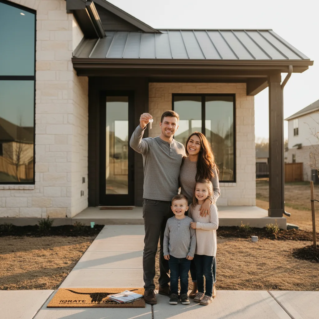 Couple happily reviewing mortgage documents in their new home.