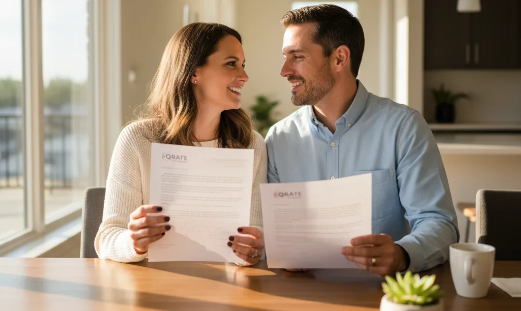 Couple confidently holding their iQRATE Mortgages approval.