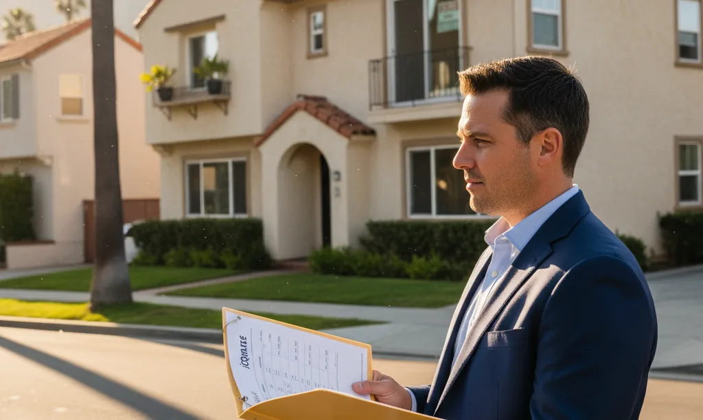 Investor reviewing iQRATE Mortgages document in front of duplex.