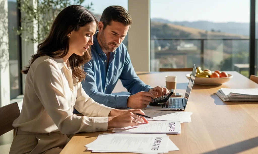 Investors review jumbo loan documents in California home.