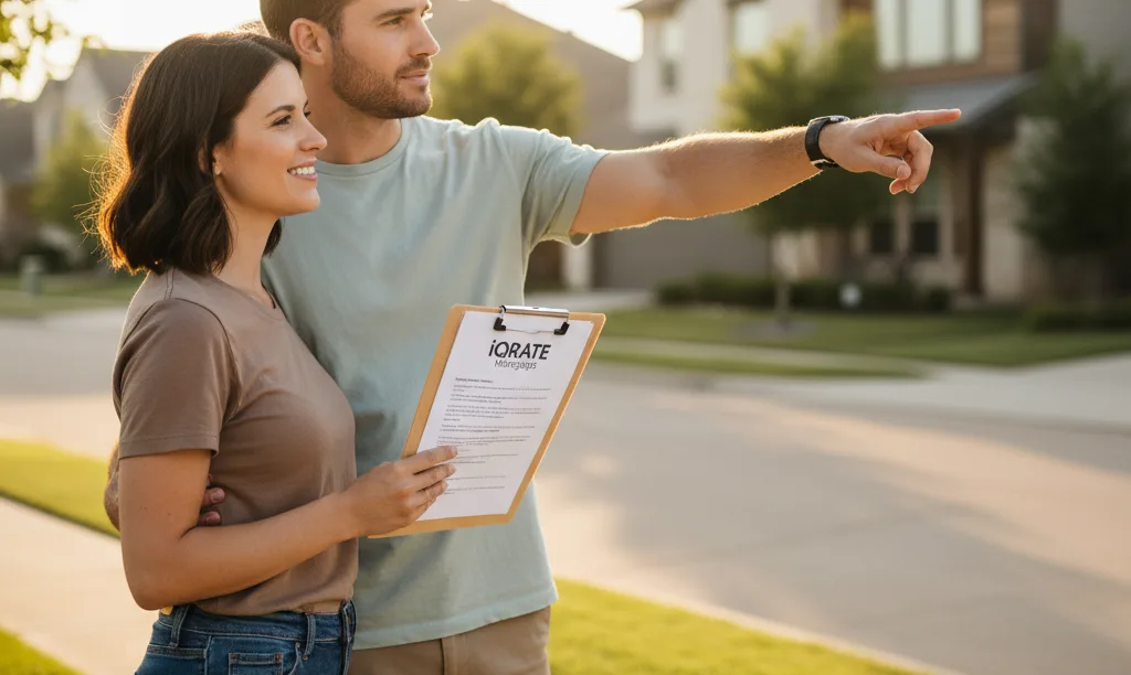 A couple viewing a Texas home with documents.