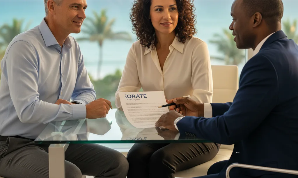 Couple confidently reviewing mortgage documents with an advisor.