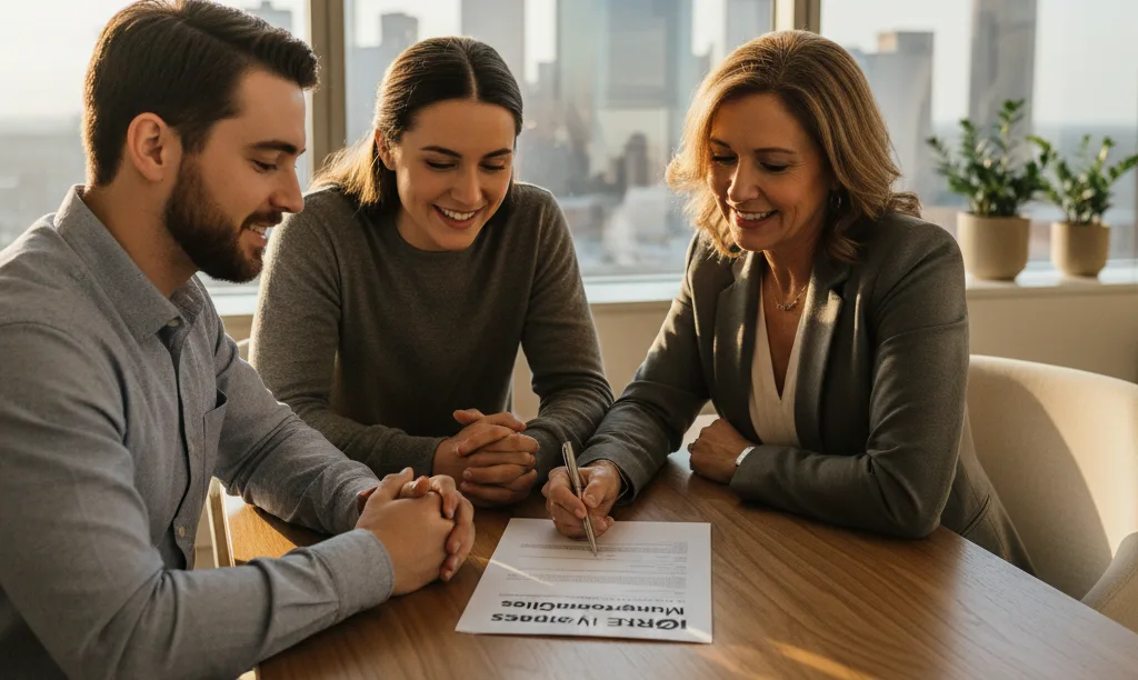 Couple discussing a mortgage with an iQRATE advisor.