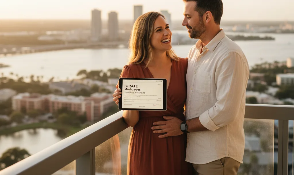 Couple on Tampa condo balcony with iQRATE Mortgages document.