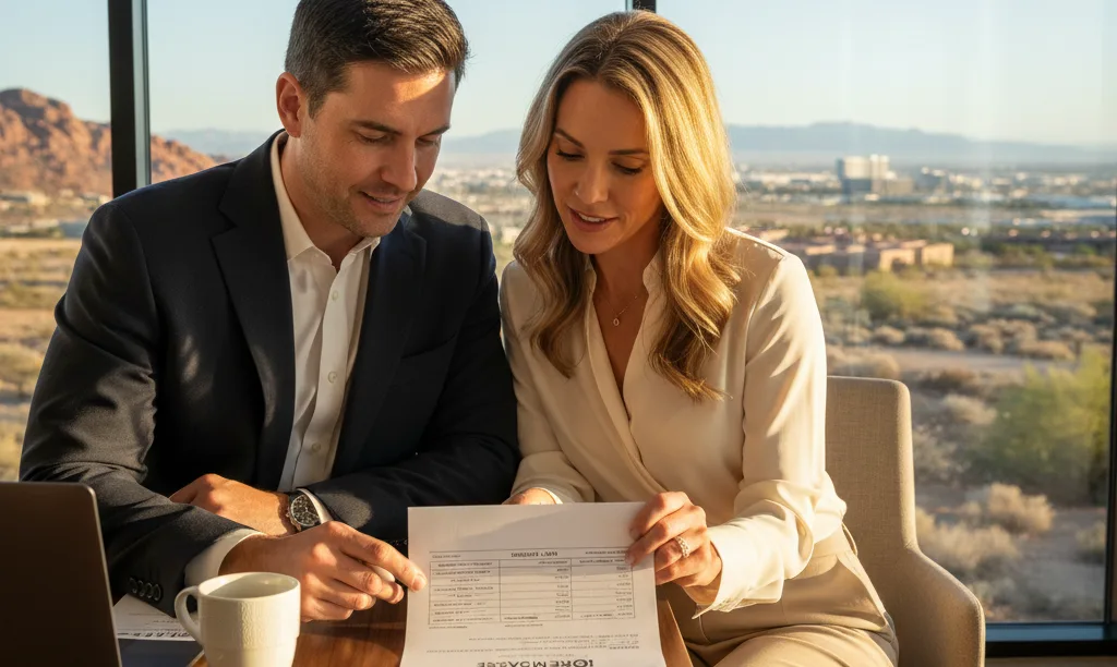 Couple reviewing iQRATE Mortgages loan options in luxury home.