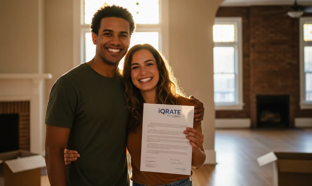 Couple celebrating in new home with mortgage documents.