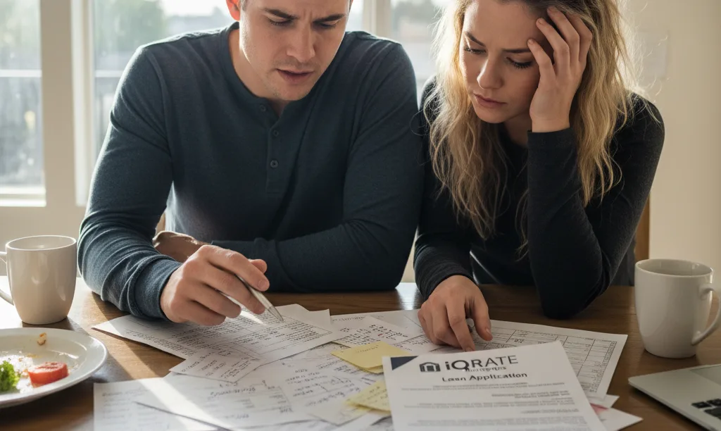 Couple looking stressed over mixed mortgage paperwork.