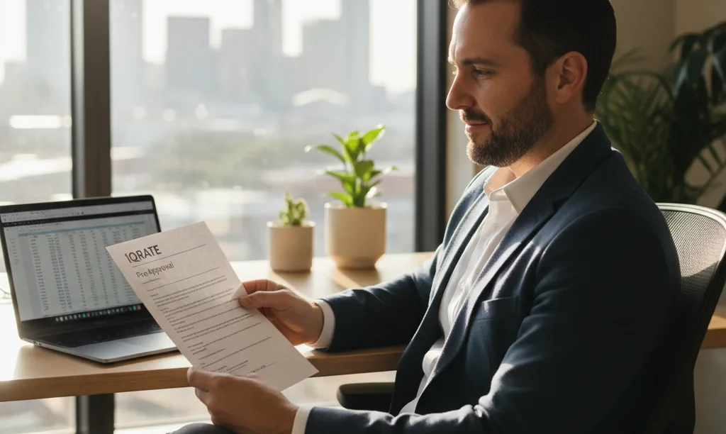 Dallas business owner reviewing iQRATE Mortgages document.