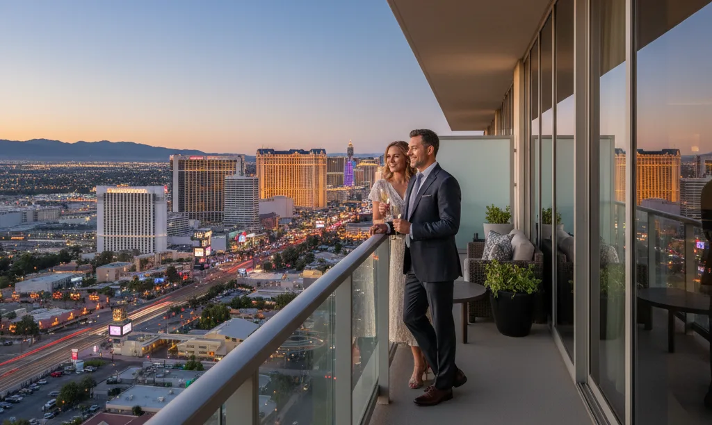 Couple on a luxury Las Vegas condo balcony.