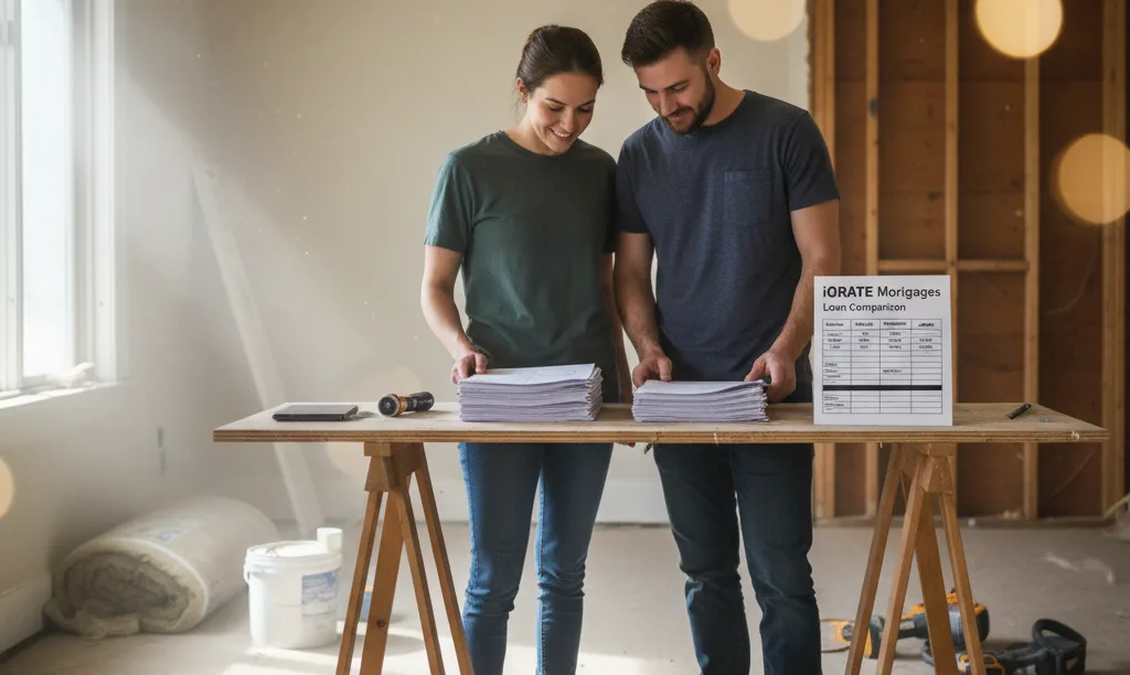 Couple comparing renovation loans in sunlit home.