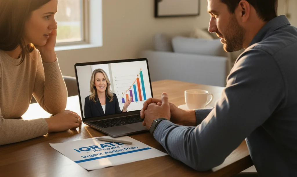 Couple reviewing iQRATE Mortgages action plan with professional.