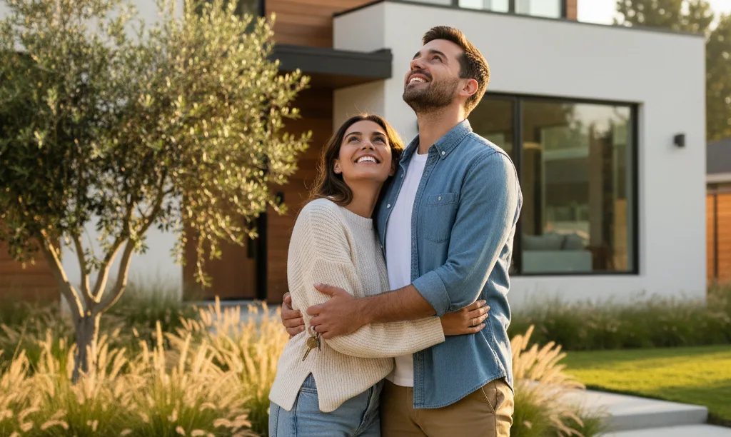 Happy young couple admiring their new home.