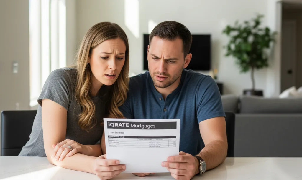 Concerned couple reviewing their Houston loan estimate document.