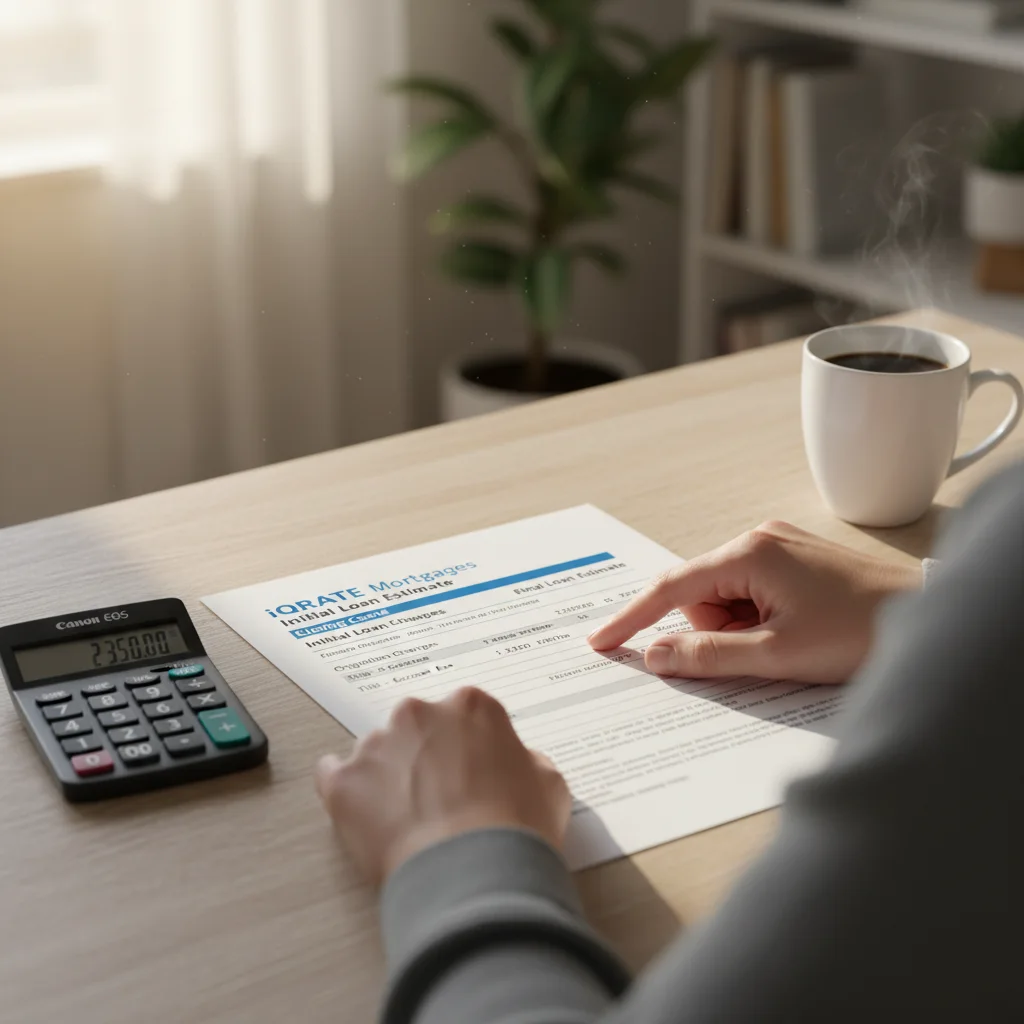 Close-up of a Closing Disclosure document with key figures highlighted.