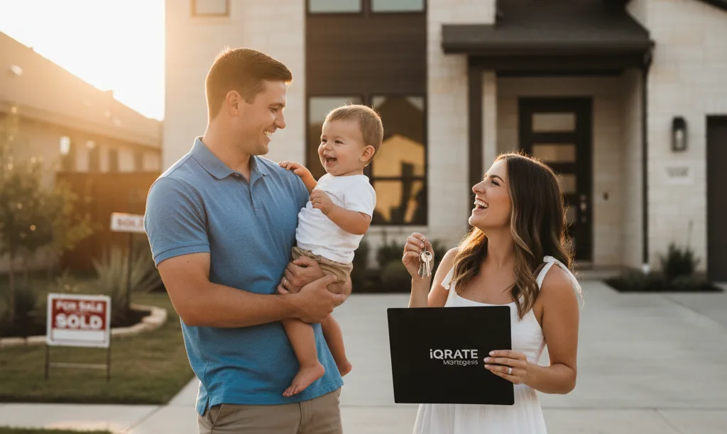 Military family smiling outside their new Texas home.