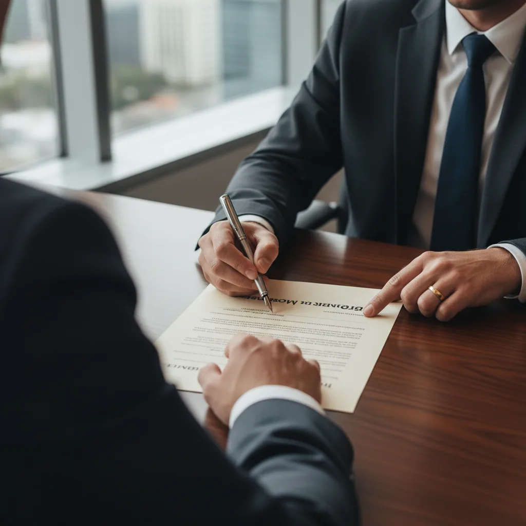 Signing documents for a property title transfer