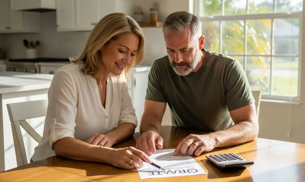Couple at kitchen table reviewing iQRATE Mortgages document.