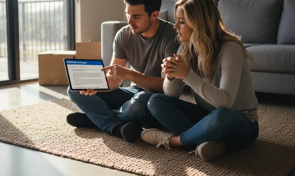 Couple discussing iQRATE Mortgages document in new home.